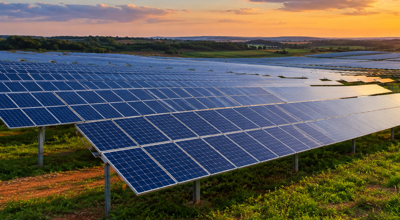 Usina solar de solo ao entardecer